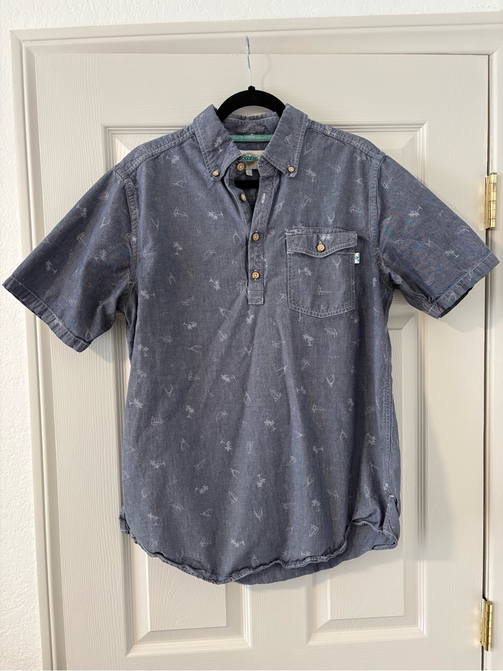Vintage 90s Hobie Hurley Denim Cotton Button Collar Shirt Surf Palm Tree Beach L